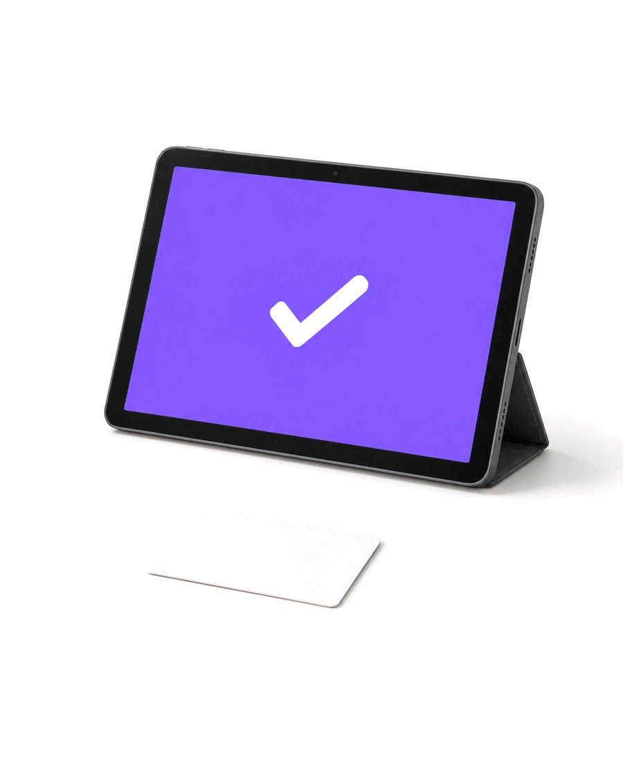 A tablet showing a check mark beside a blank insurance card: the claim passed