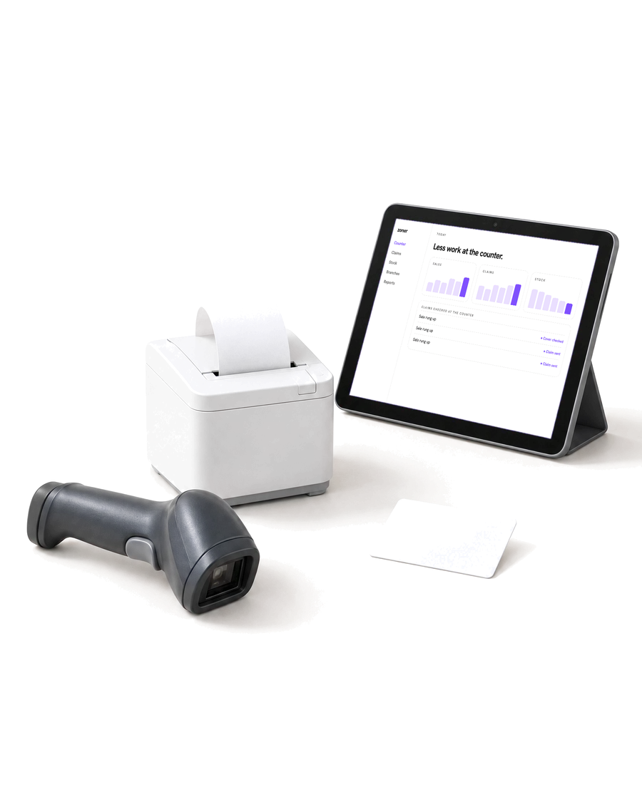 A barcode scanner, receipt printer and a tablet showing the Zoner counter dashboard